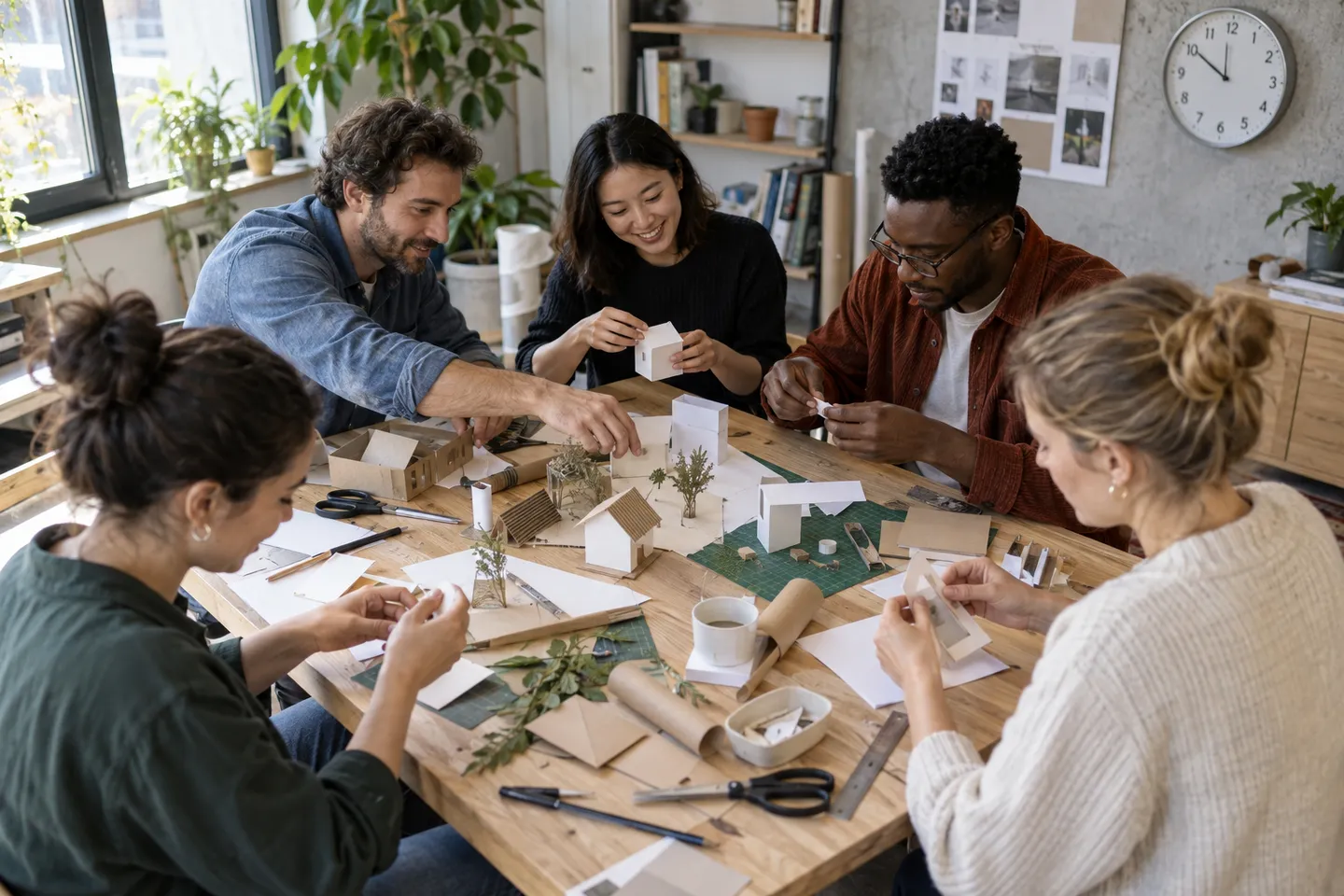 A workshop group builds rough paper models together around a large table.