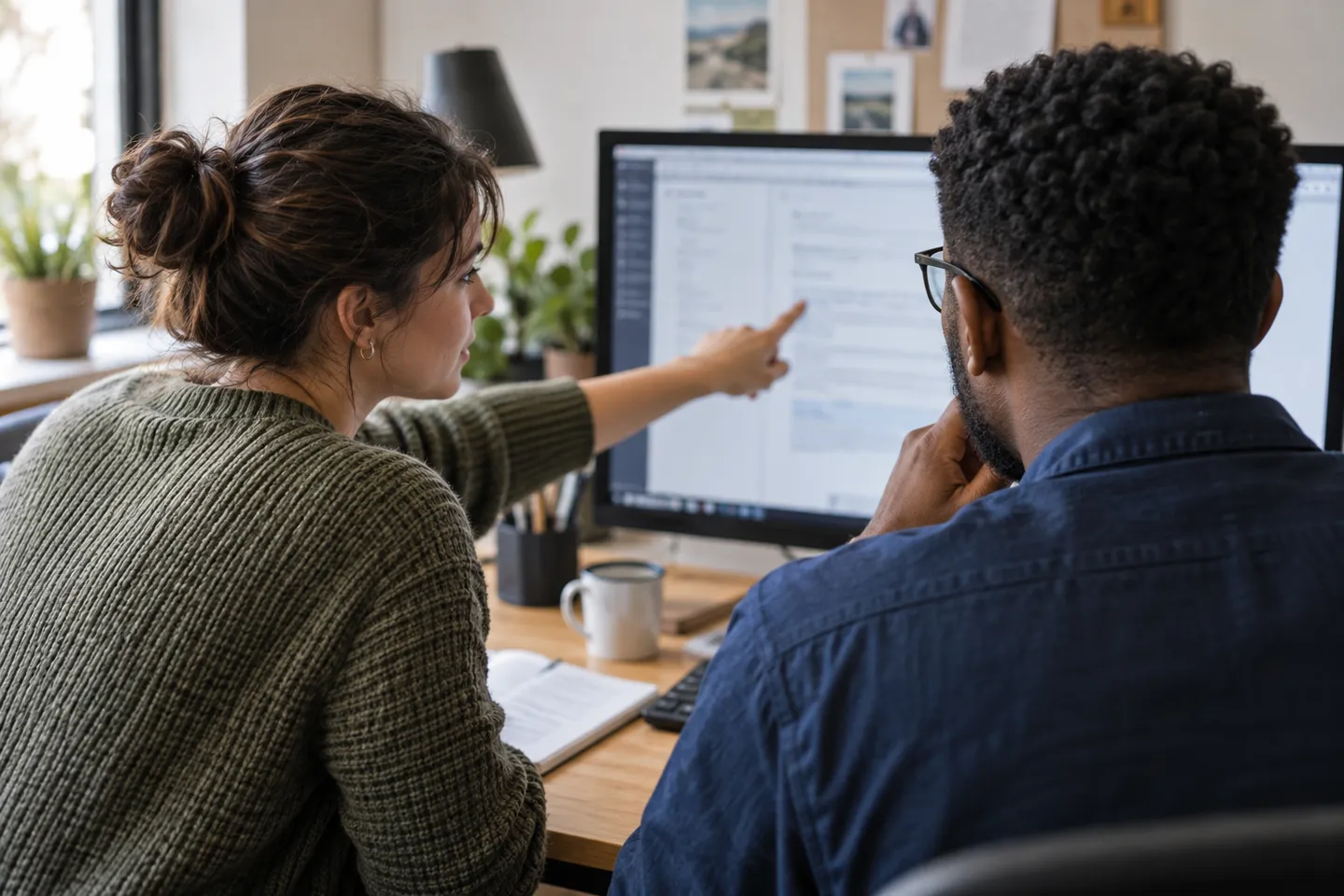 One colleague coaches another through an unfamiliar computer task.