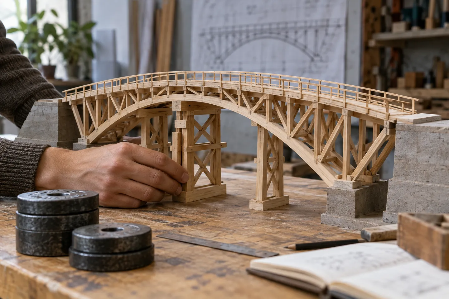 A small bridge model with temporary supports and testing weights.