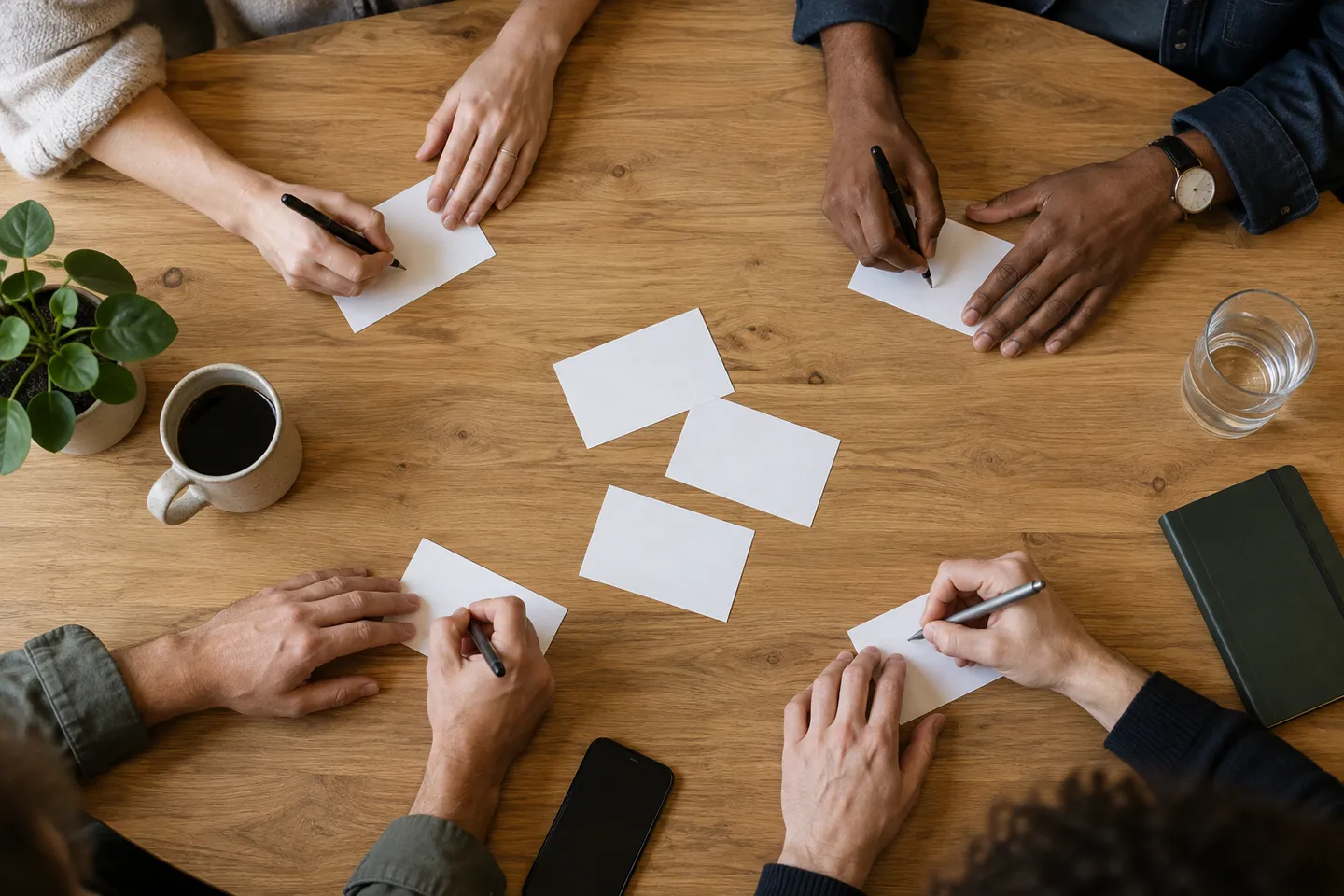 Four participants independently writing ideas on cards around a table.