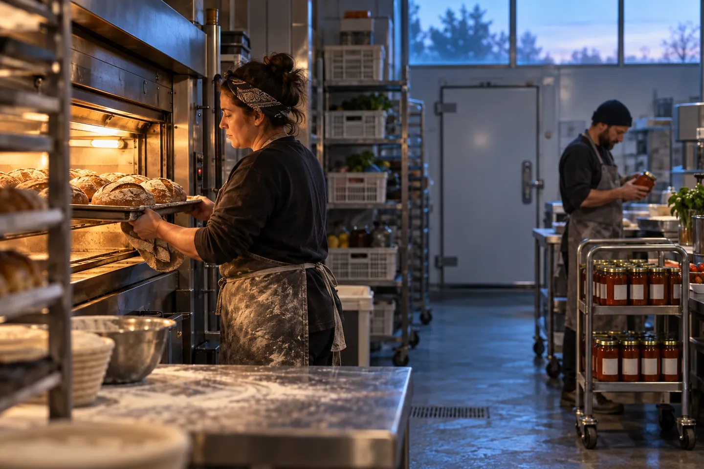A baker loads trays into a deck oven at dawn while a sauce maker checks jars at another bench in a shared kitchen.