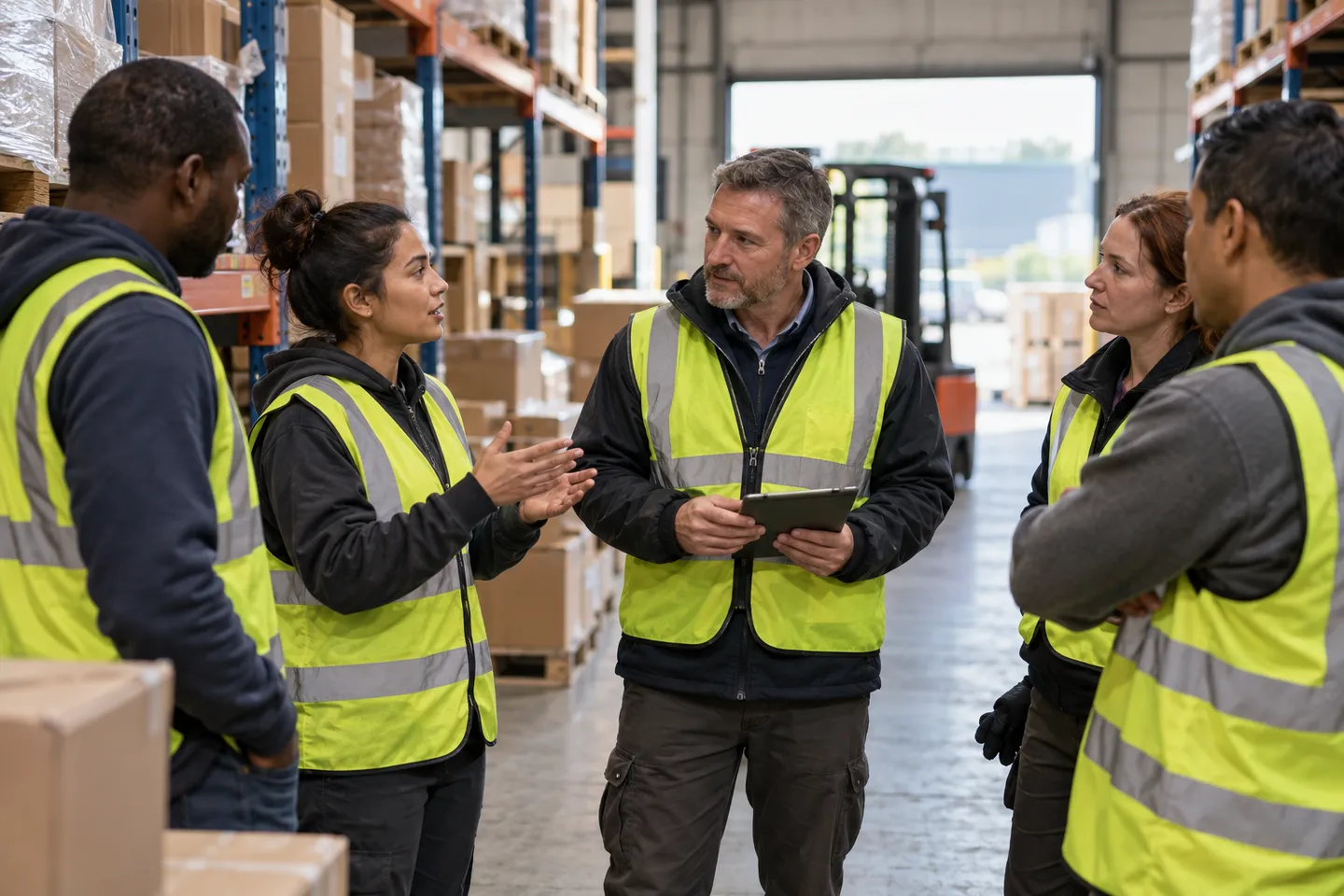 Warehouse colleagues discussing their work during a shift meeting.