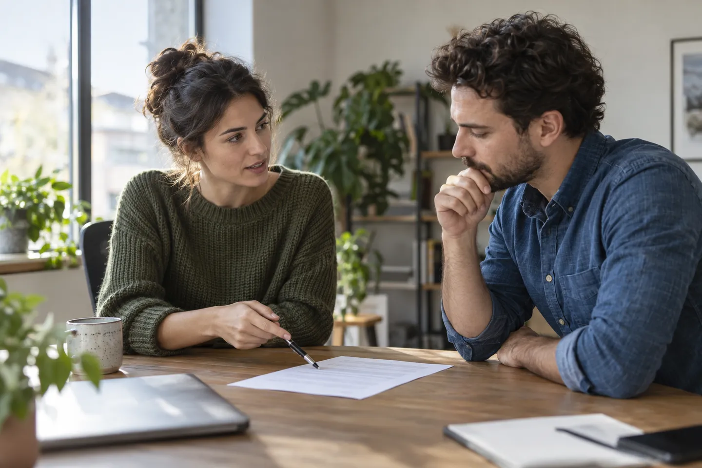 Two colleagues discuss a working document across a small office table.