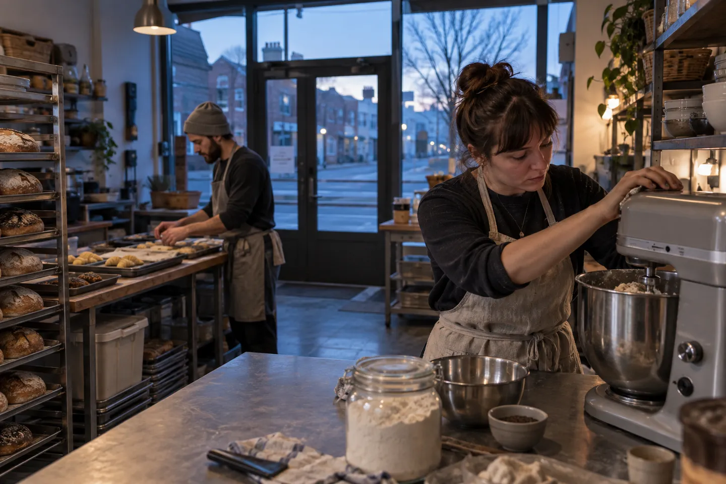 Bakers checking equipment and their workspace before opening.