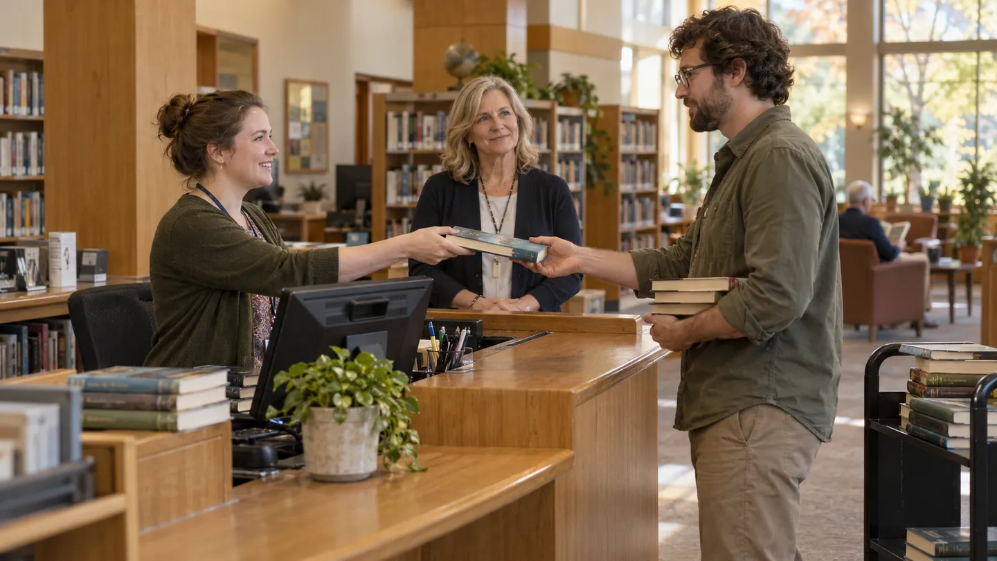 Library colleagues discussing a reservations handoff at the service desk.