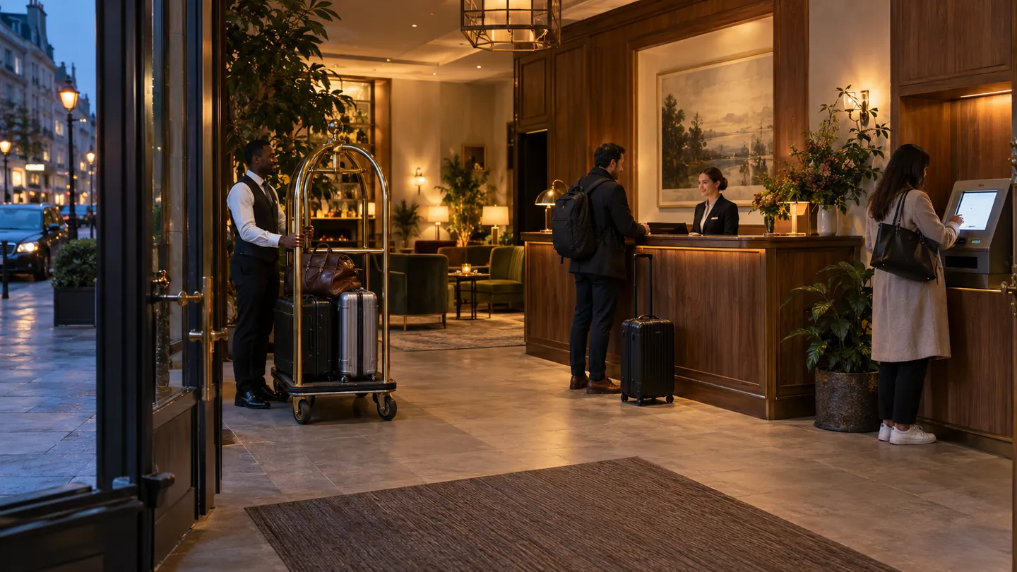 Hotel staff and guests use a reception desk and a self-service terminal in a warm lobby.