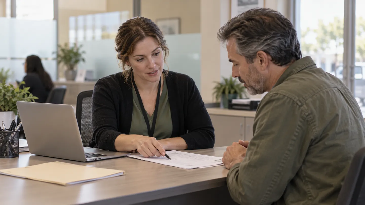 Office colleagues reviewing an application and its supporting documents.