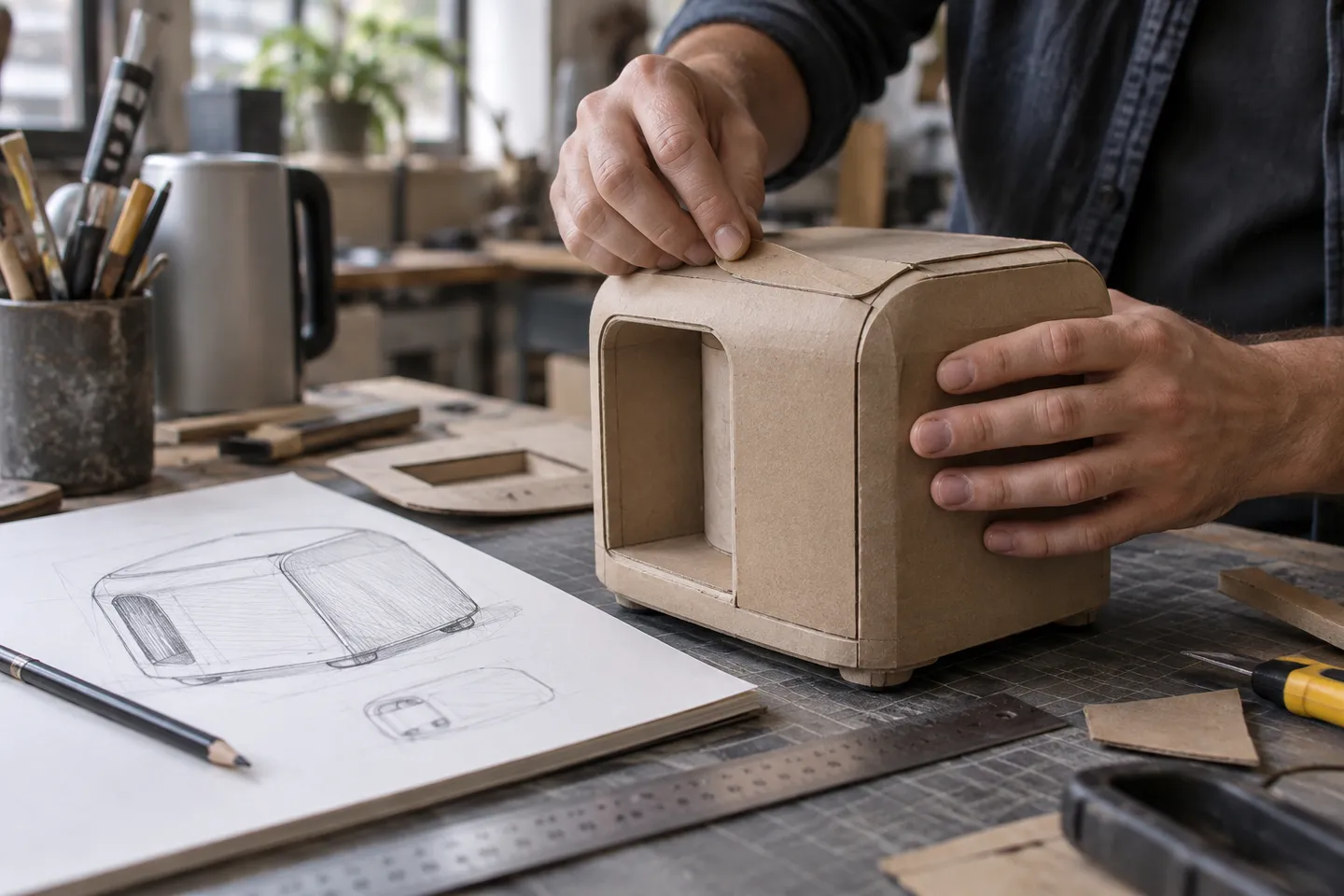 Hands shaping a cardboard product model beside a sketch and ruler.