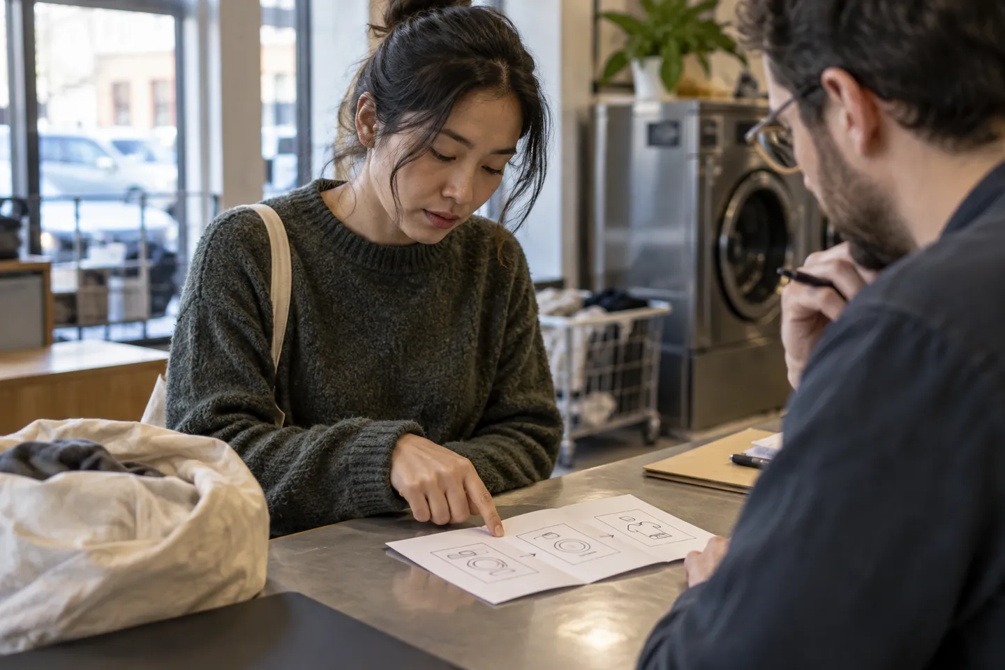 A customer examines a paper service concept at a laundry counter.
