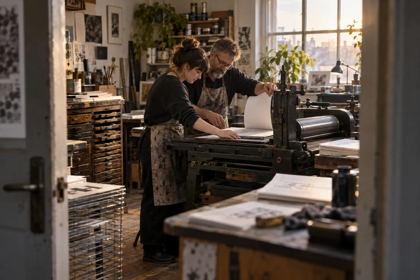 Two colleagues working together at a printing press in a well-used studio.