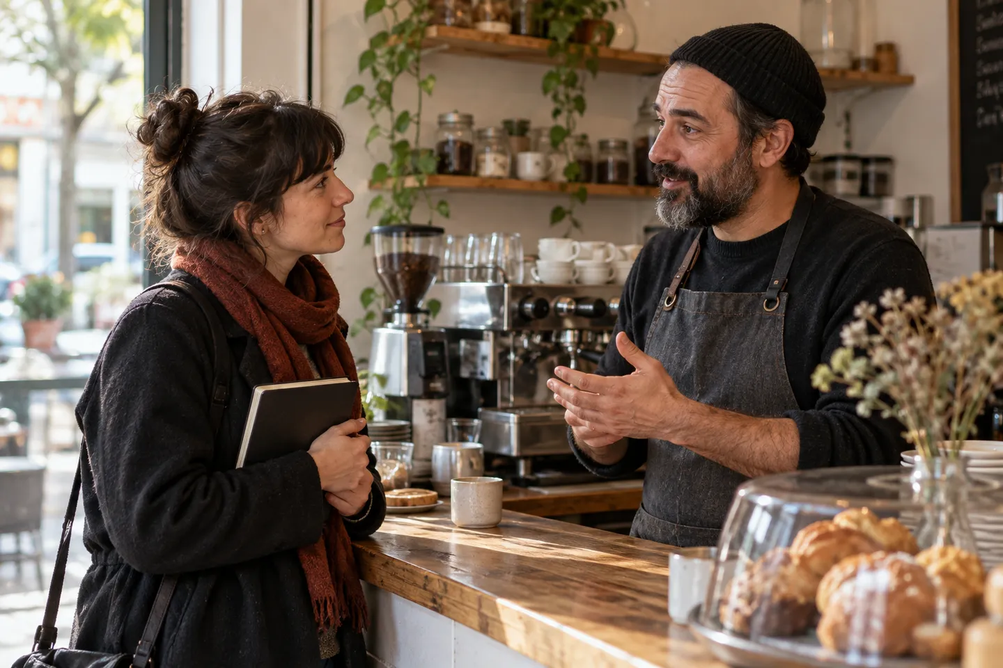 A researcher listens to a café owner beside the service counter.