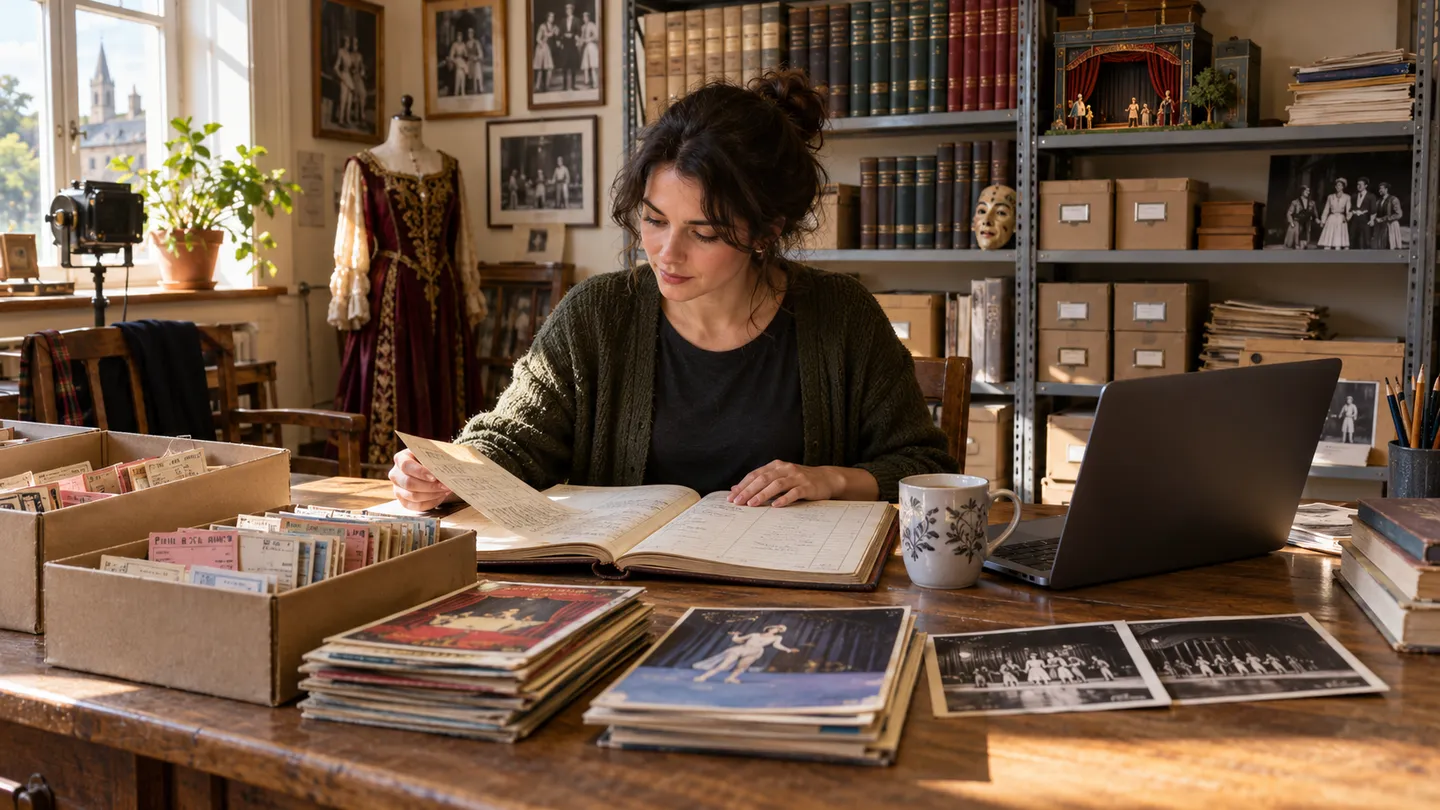 A researcher compares archived audience records with current ticket information in a theatre office.