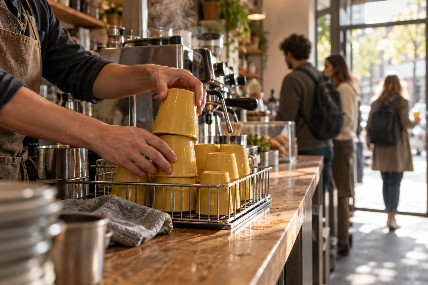 A barista's hands stack a clean mustard-yellow reusable cup in a rack beside an espresso machine in morning light.