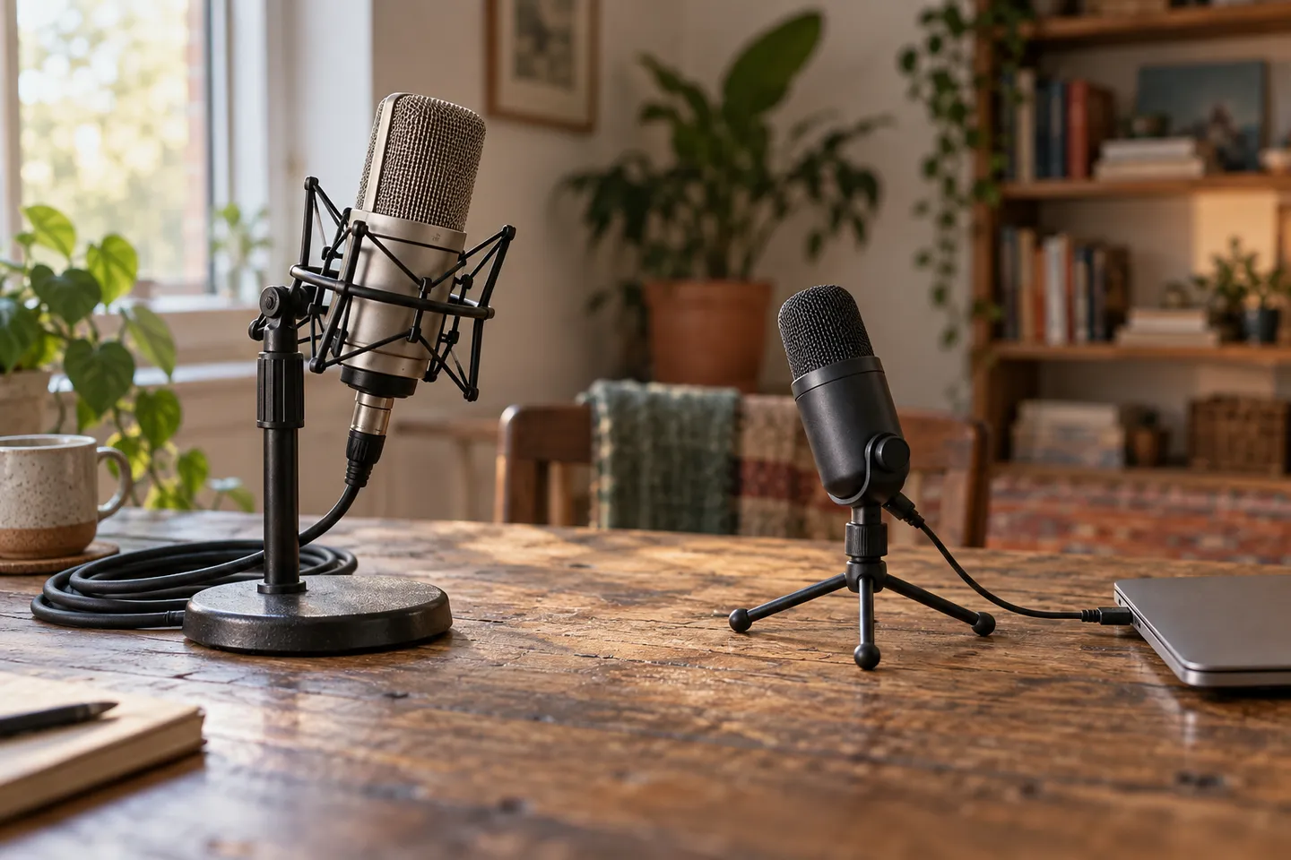 A large studio microphone in a shock mount beside a small USB microphone on a wooden table in daylight.