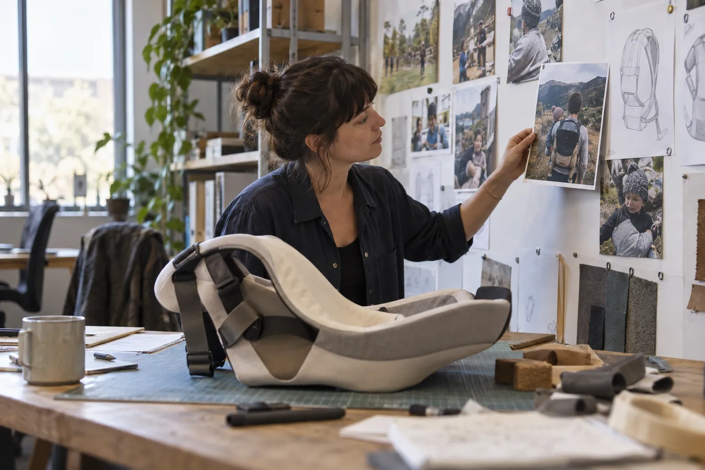 A designer studies field photographs beside an early physical prototype.