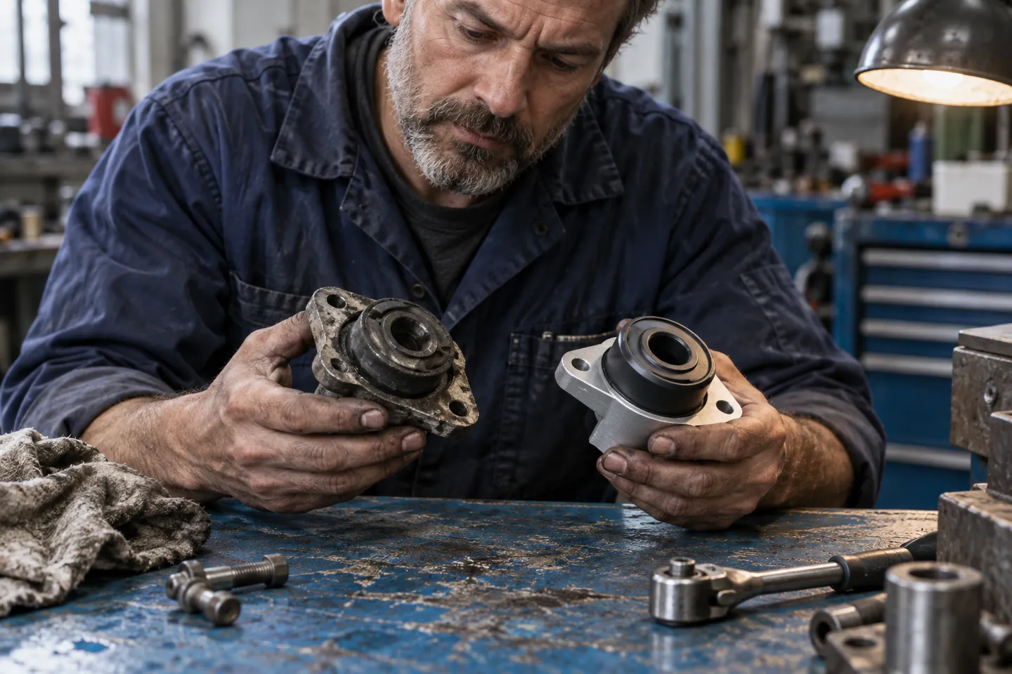 A repair technician compares a worn mechanical part with an alternative design.