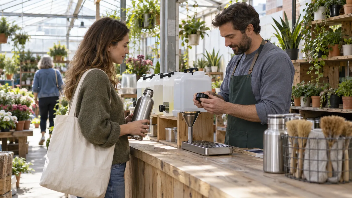 A shopper and employee check a reusable container at a garden-centre refill counter.