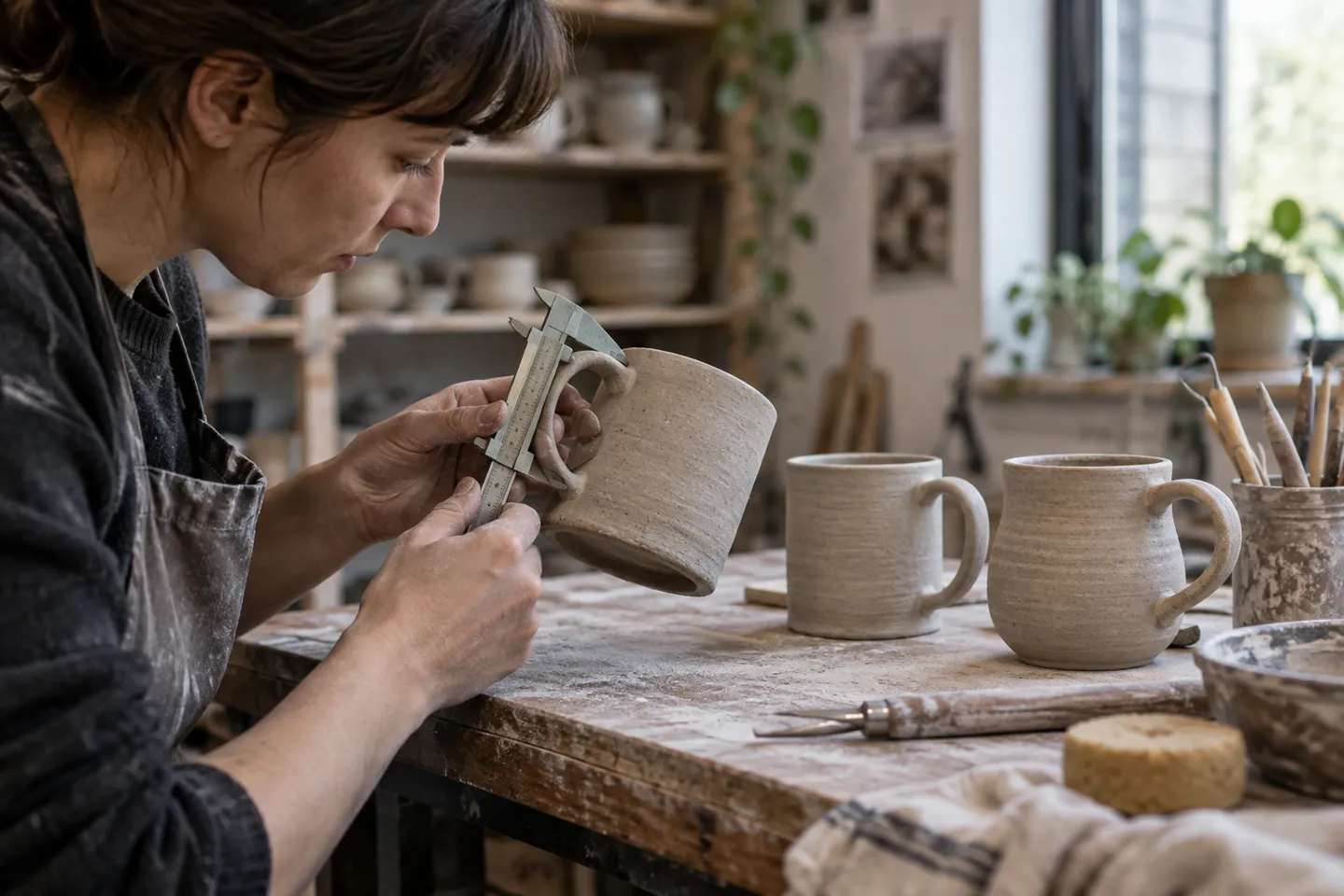 A maker compares the handles of three ceramic mug prototypes.