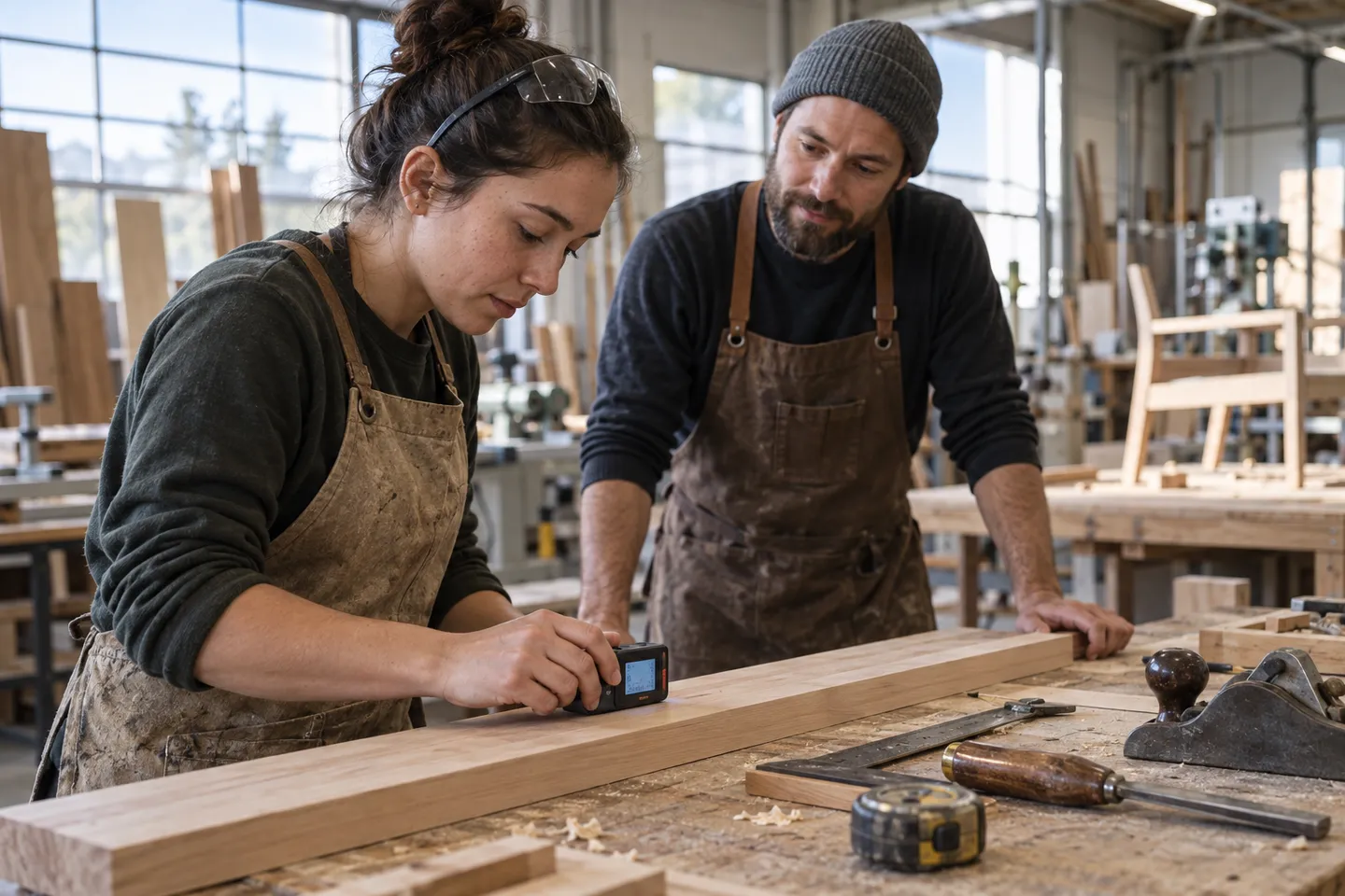 Two furniture workers try a digital measuring tool beside their familiar tools.