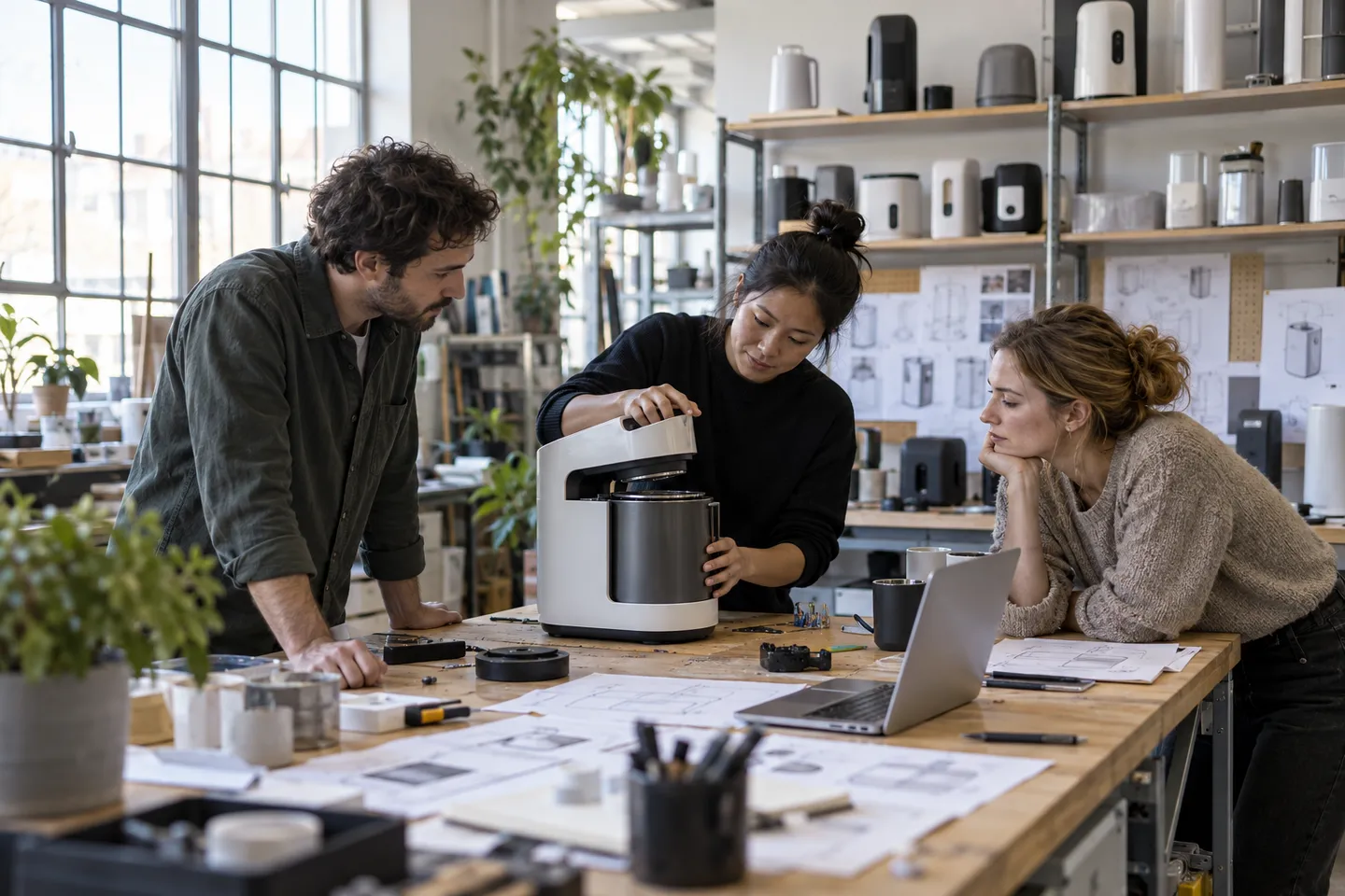 A product team examines a working prototype in a studio lined with earlier models.