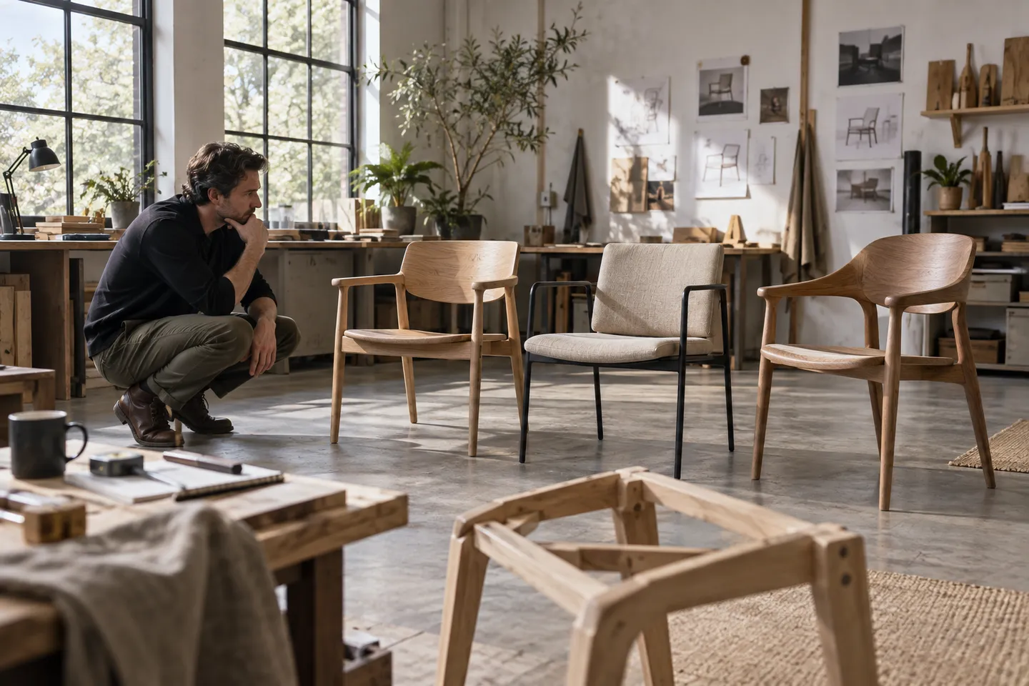 A designer considers several chair prototypes in a furniture studio.