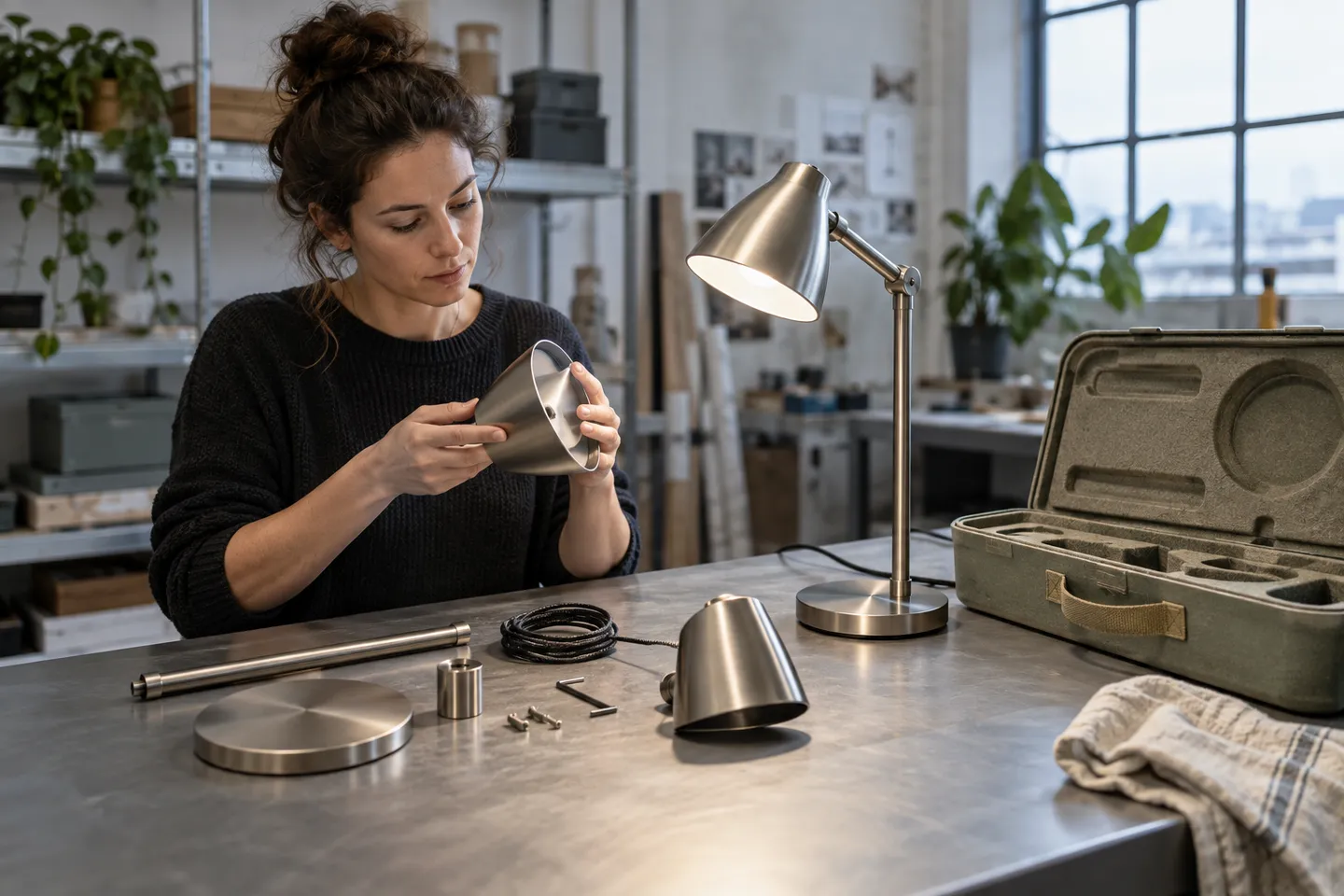 Lamp components, an assembled lamp and a reusable transport case on a workbench.