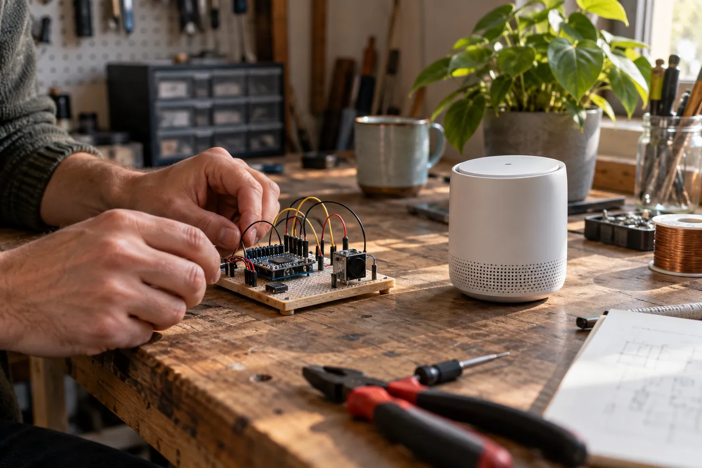 An experimental electronic circuit beside a finished household sensor.