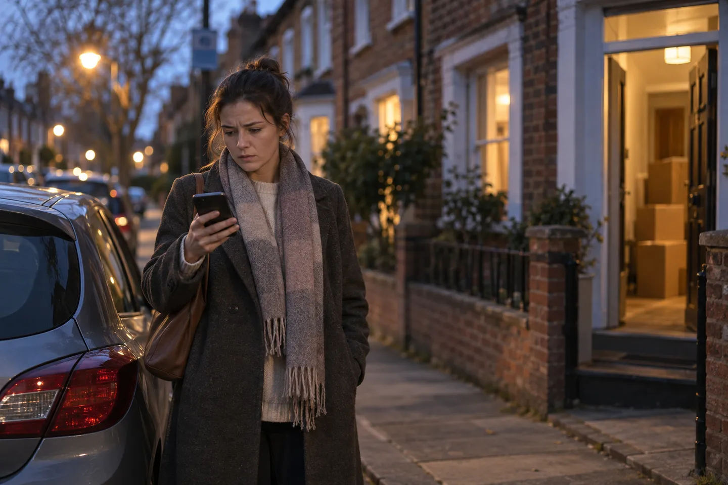 A resident with moving boxes behind her checks her phone beside a parked car on a terraced street at dusk.