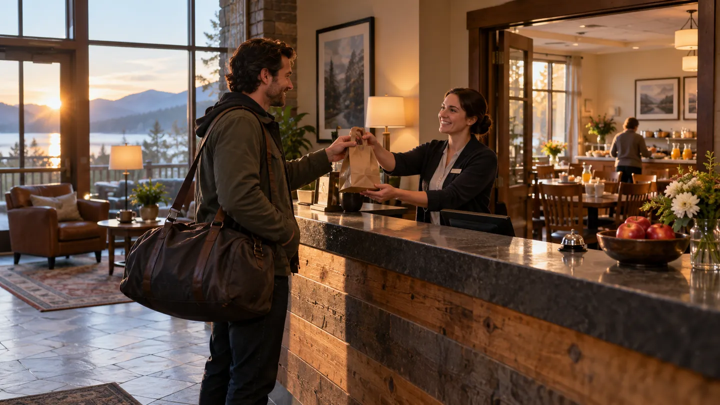 A departing hotel guest receives a breakfast bag at reception in the early morning.