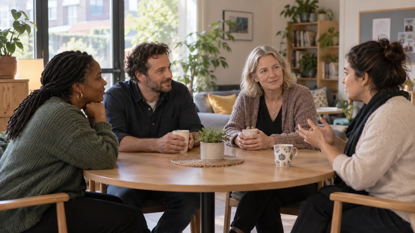 Four colleagues listening to each other at a round table in a community room.