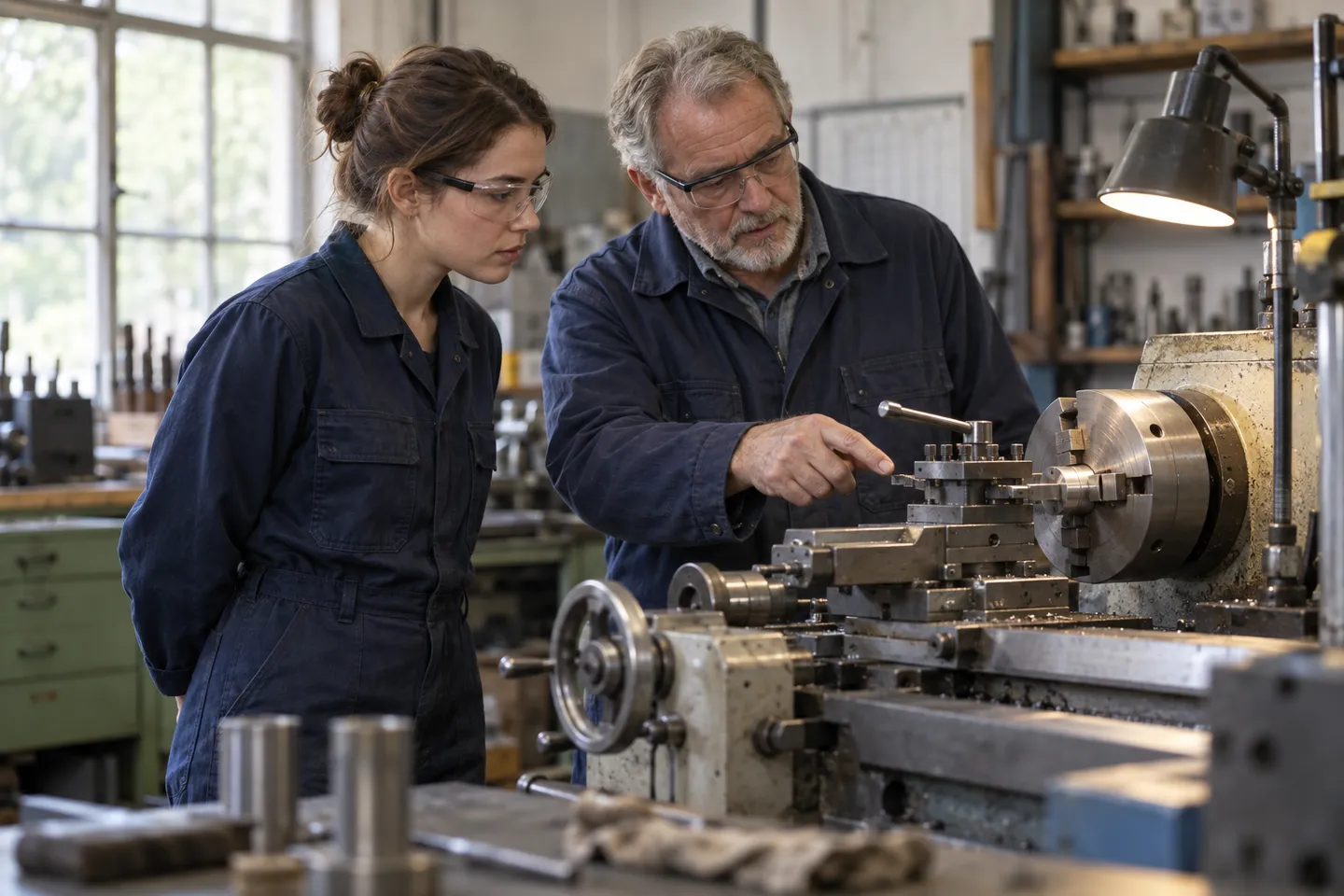 An experienced technician explains a machine to a colleague in a workshop.