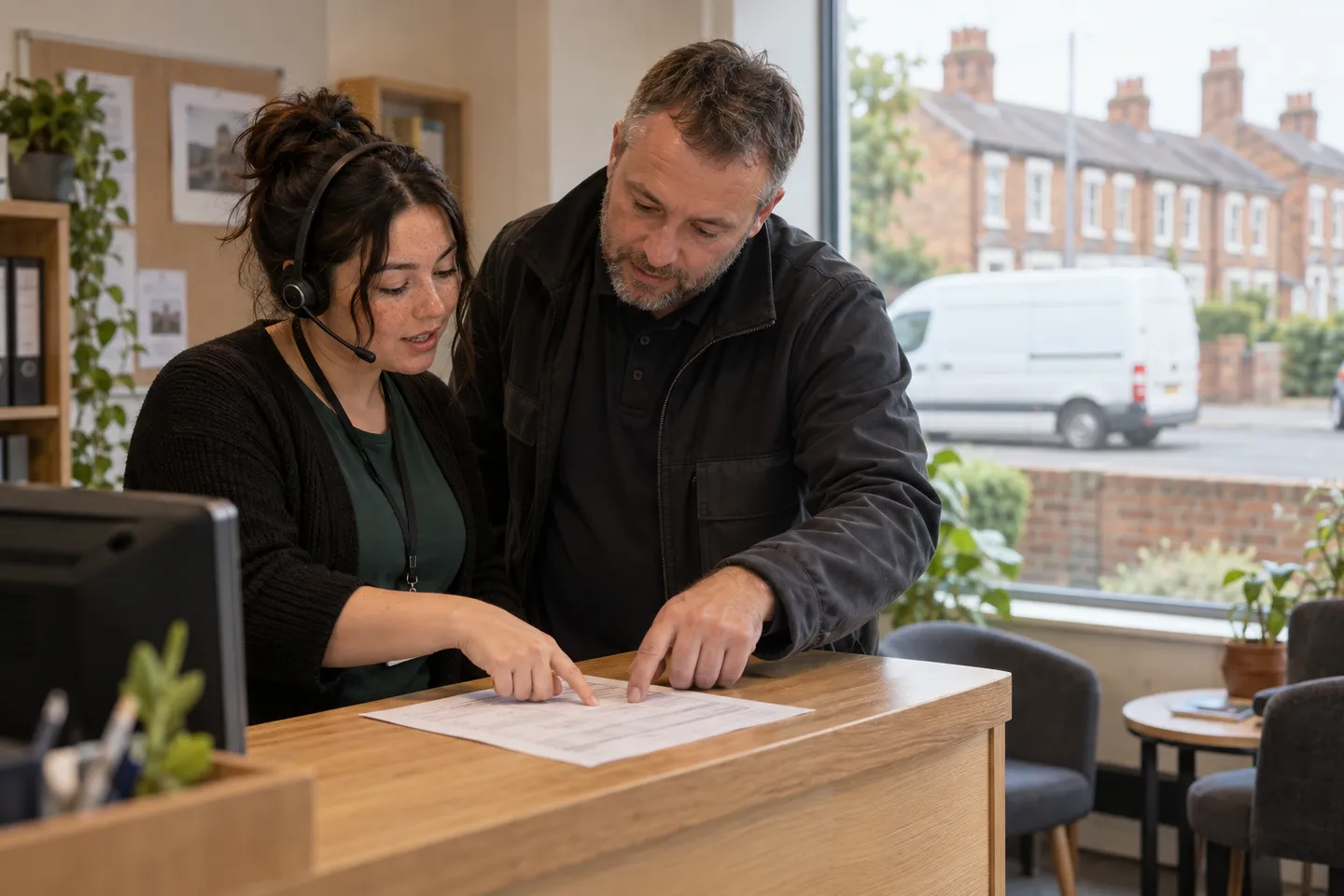 A housing assistant and a repairs coordinator review a job sheet at an office counter, with a contractor's van outside.