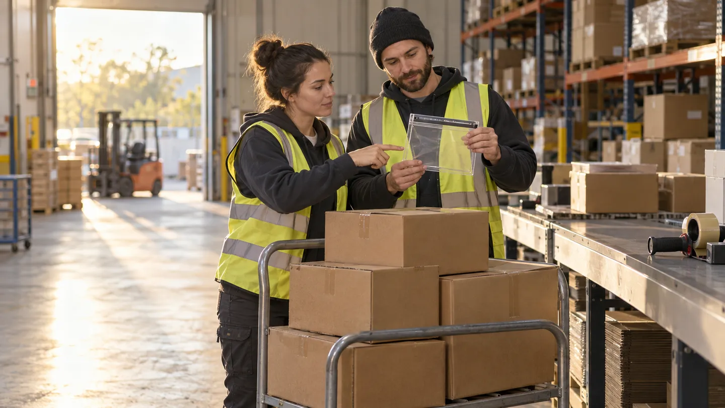 Warehouse colleagues reviewing a trolley handoff at a packing station.