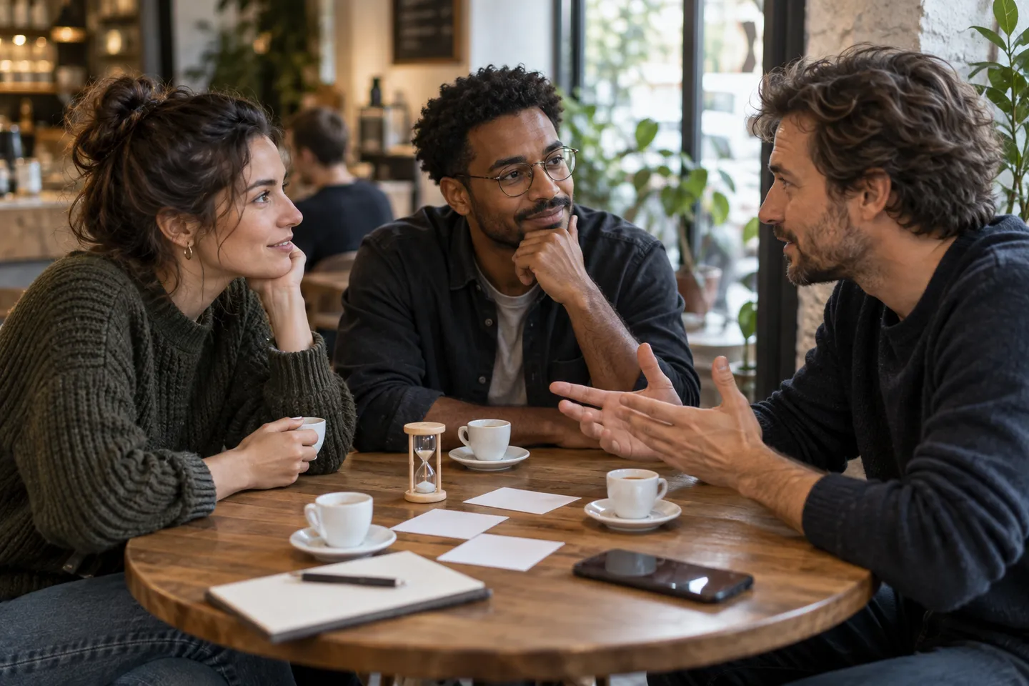 Three colleagues discussing topic cards around a café table with a small timer.