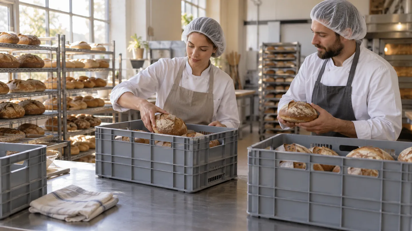Two bakery workers checking a bread delivery crate before dispatch.