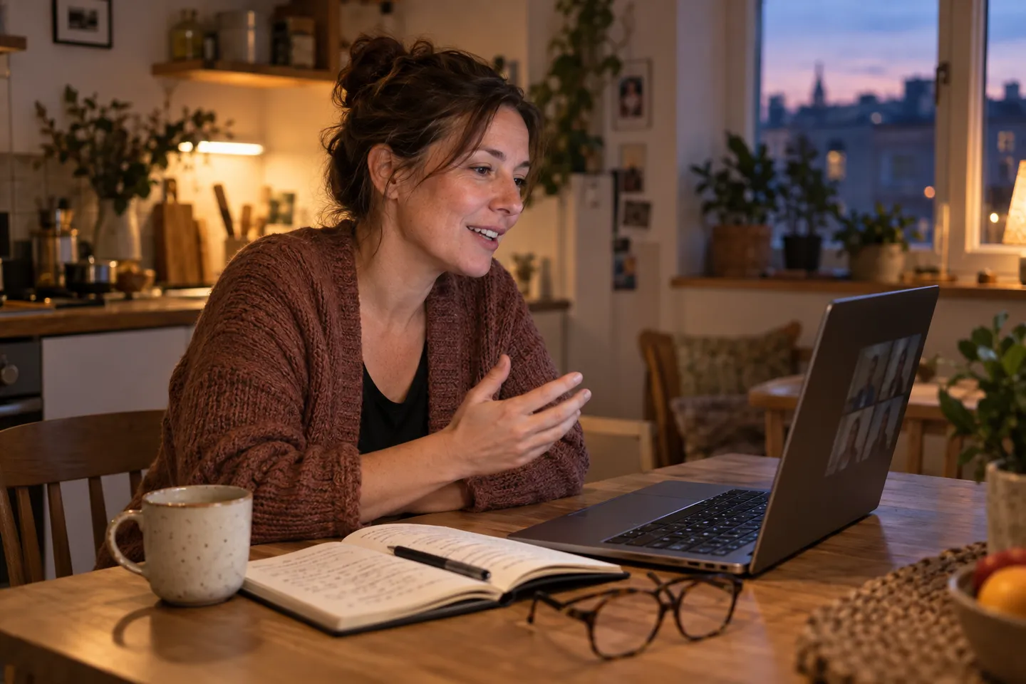 An adult learner at a lamp-lit kitchen table speaks into a laptop video call, with a notebook and tea beside her.