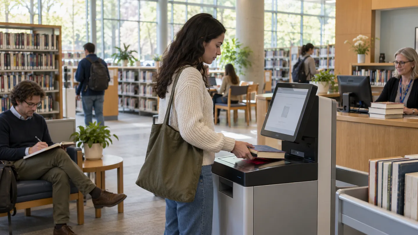 A visitor uses a library self-checkout while a researcher watches from nearby.