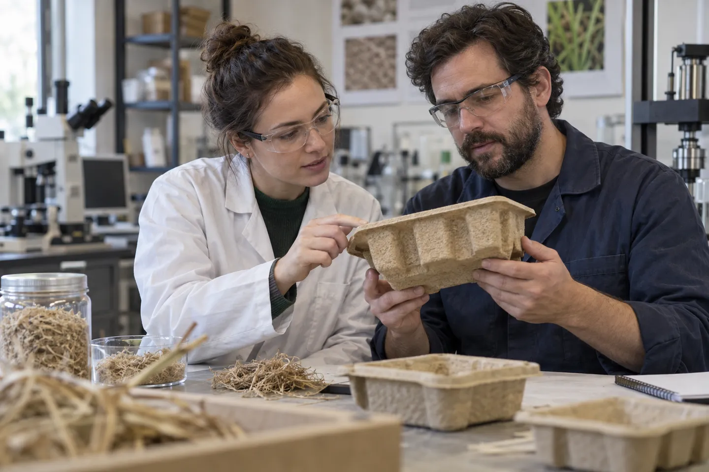Two specialists inspect a moulded fibre packaging sample in a materials lab.