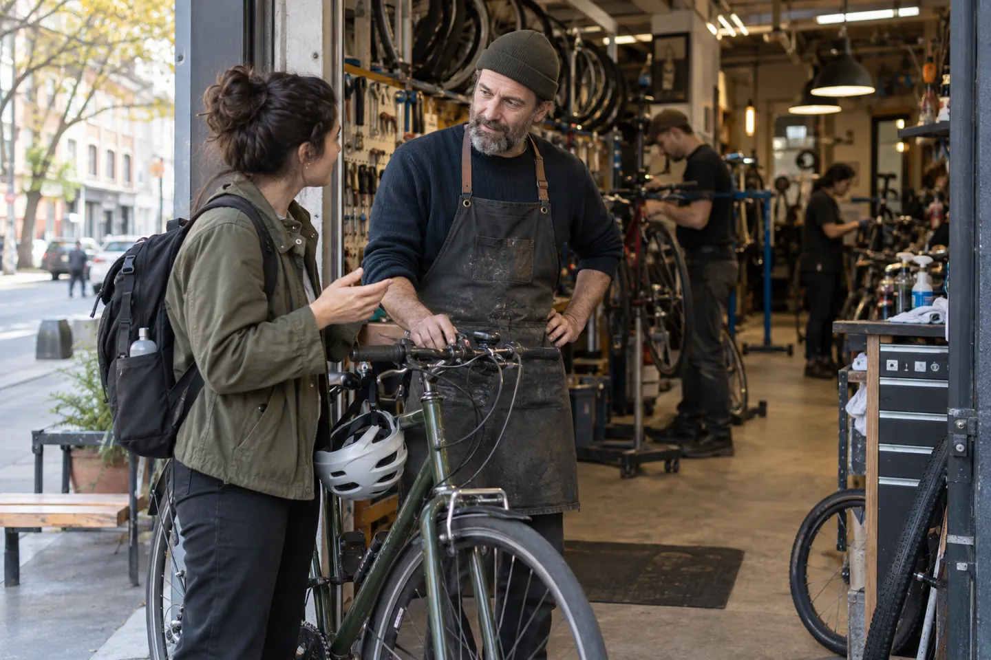 A bicycle shop owner and a commuter beside a bicycle at the workshop entrance.