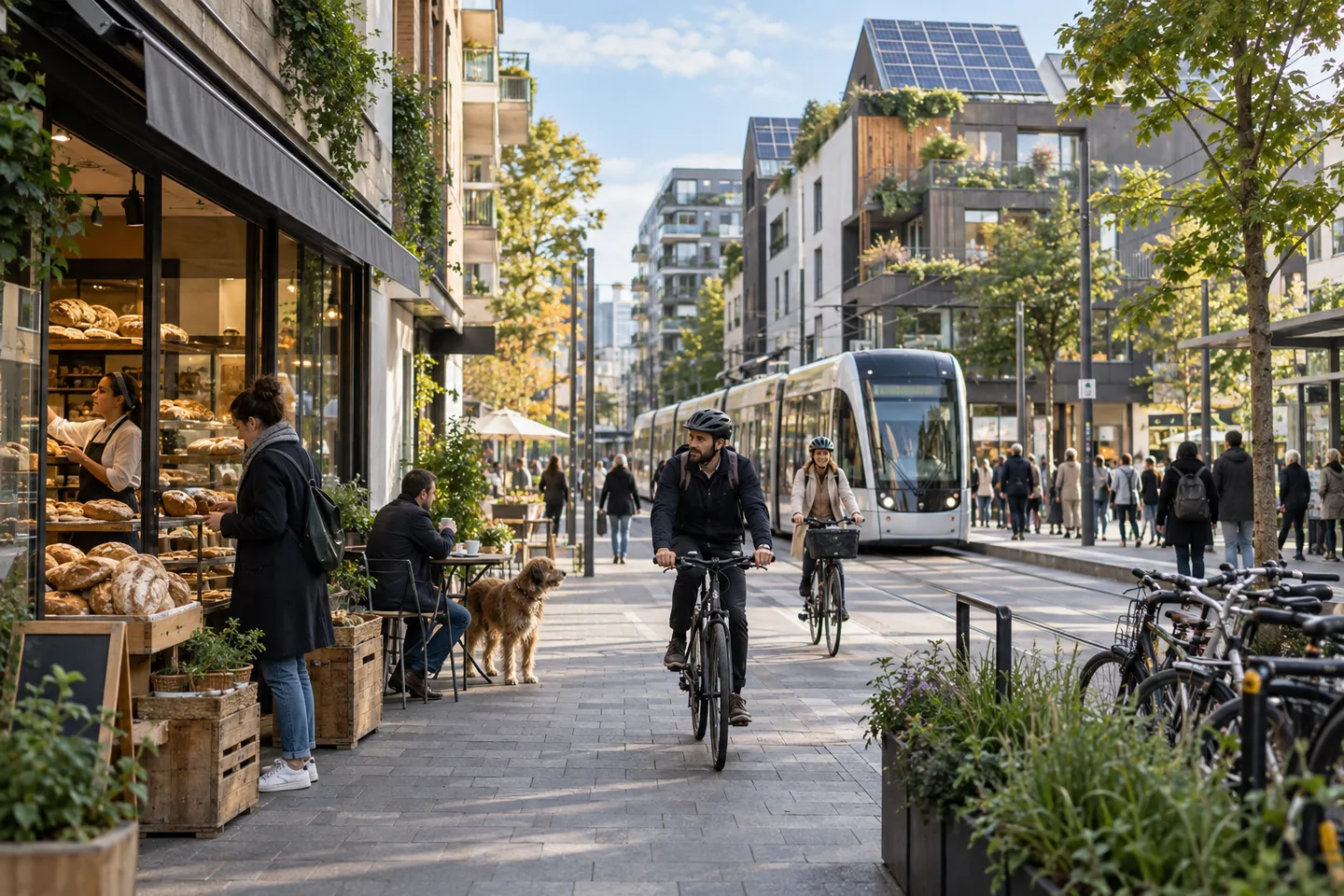 A city street with shops, tram tracks, bicycles and rooftop solar panels.