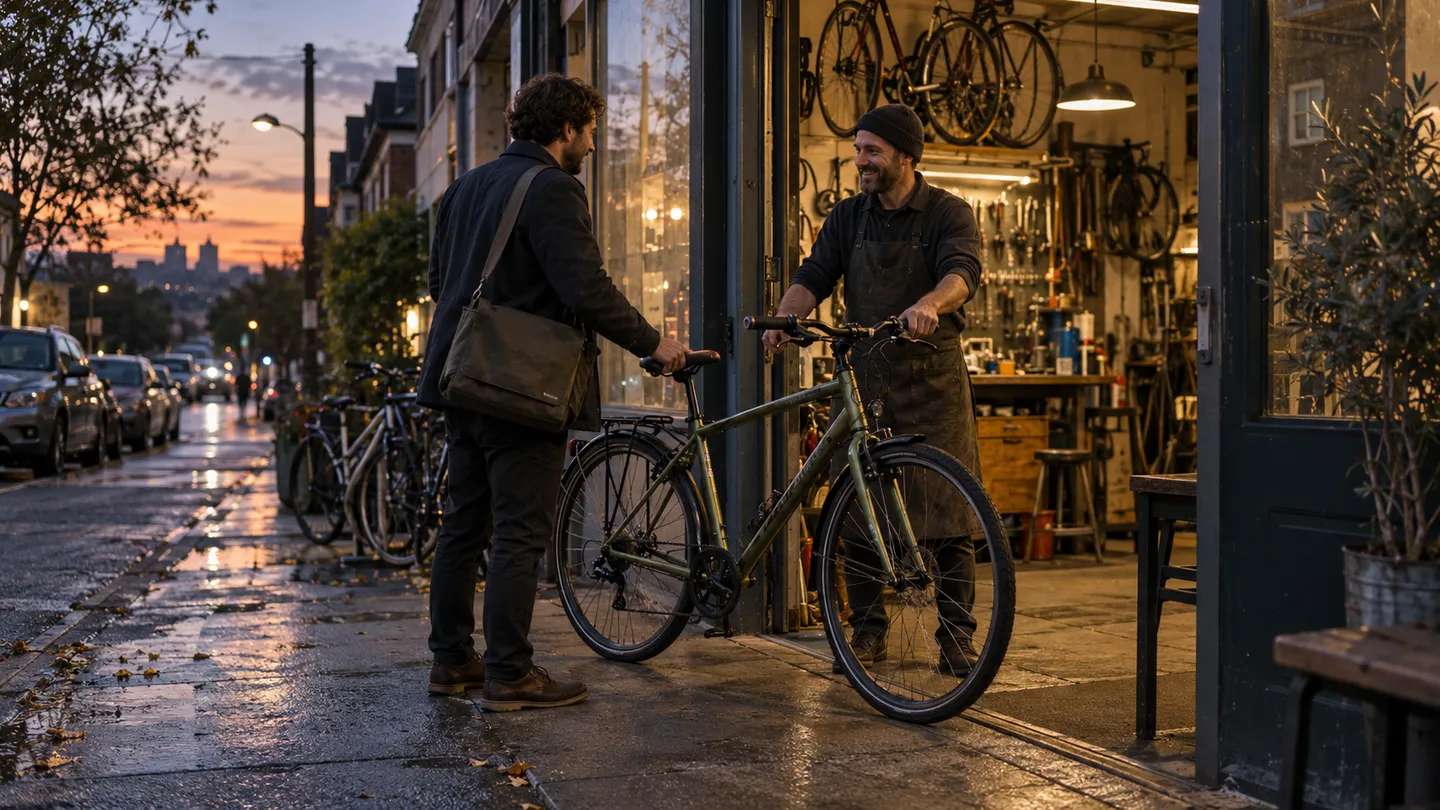 A commuter collects a repaired bicycle from a warmly lit shop after sunset.