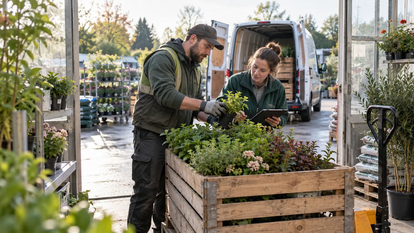 A researcher and dispatch colleague examine plant deliveries at a garden centre.