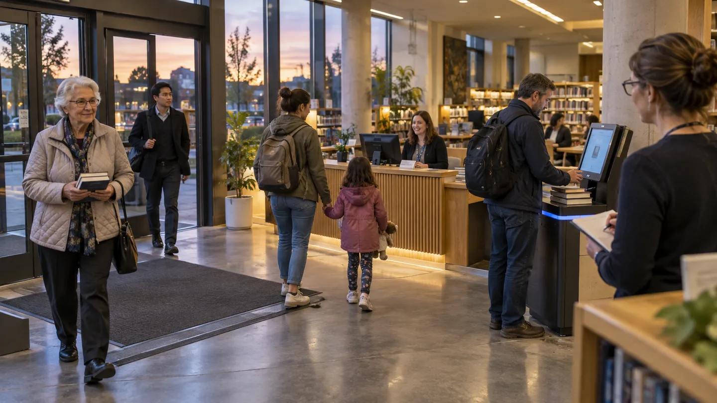 Different visitors enter a public library with both staffed and self-service routes.