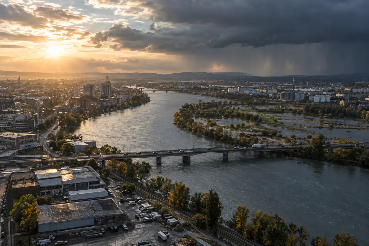 A river, warehouses and a bridge beneath changing weather.