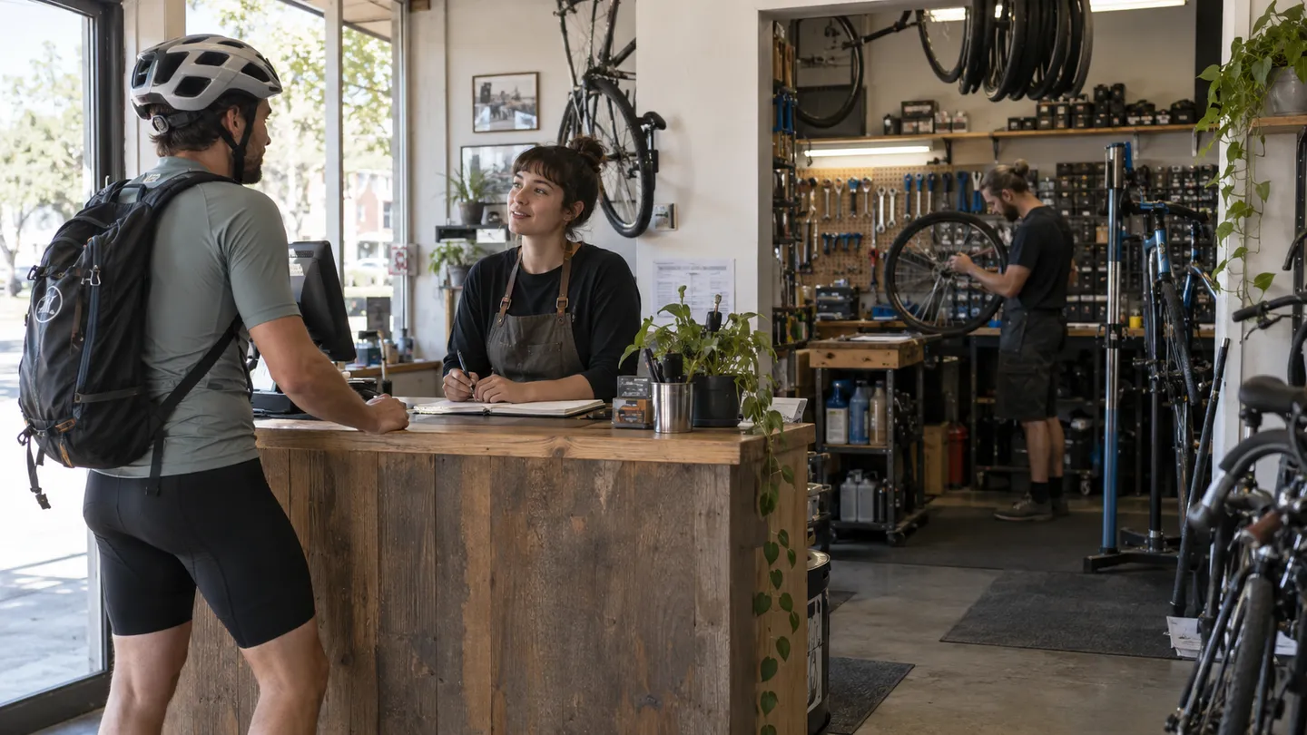 A cyclist talks at a repair counter while a mechanic checks a wheel behind the counter.