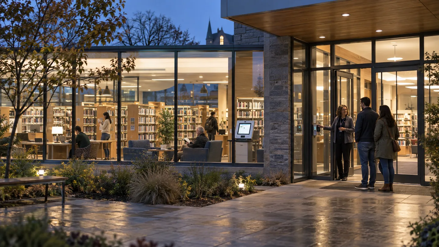 Library staff and readers discuss an entrance card reader as evening falls.