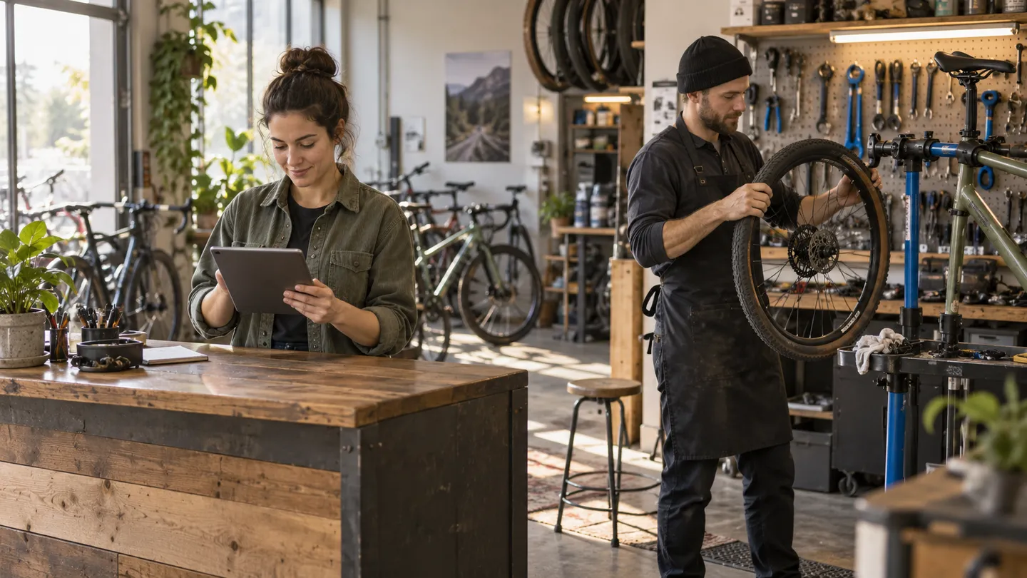 A workshop coordinator and mechanic working through a repair request with a tablet.