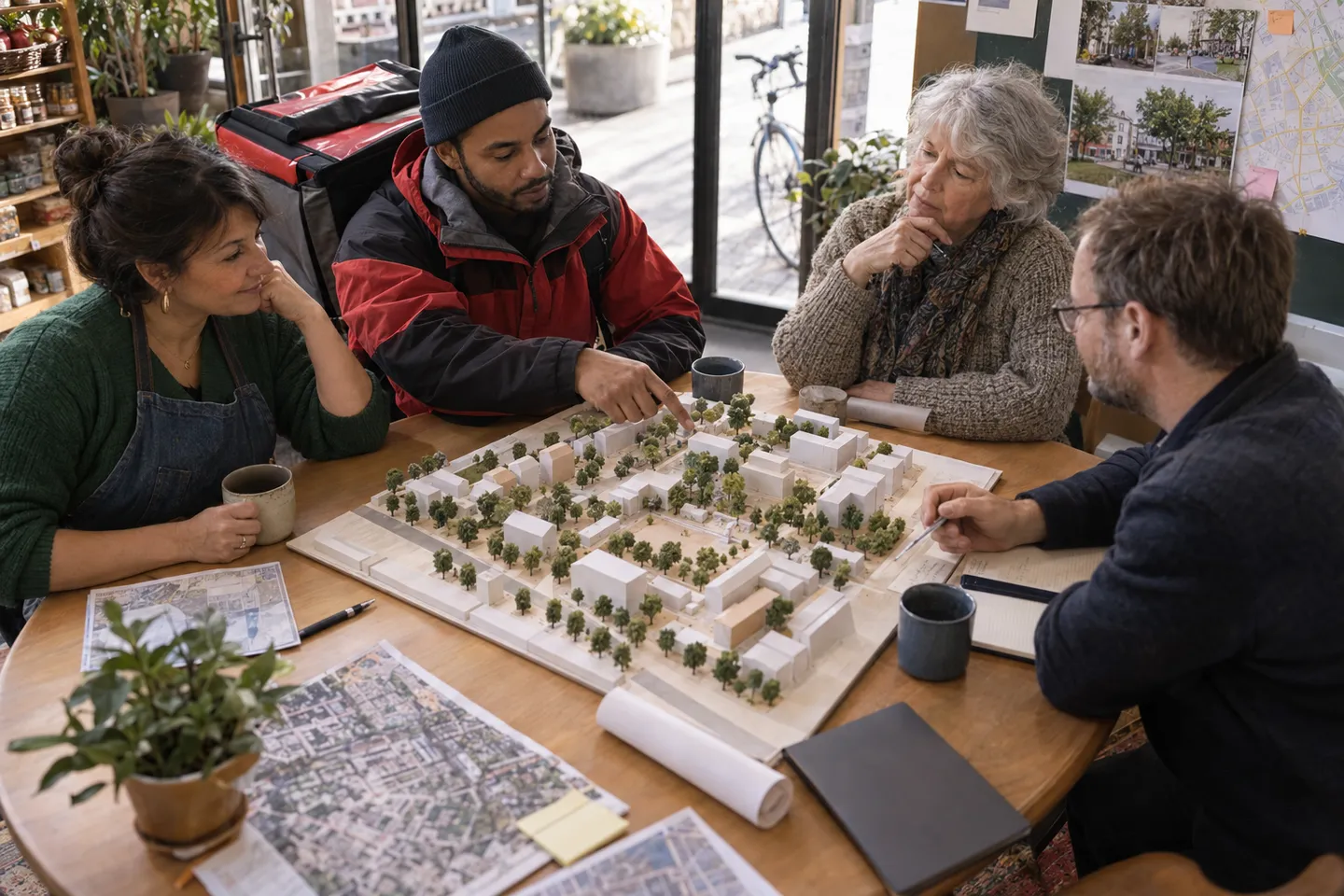 People with different perspectives discussing a neighbourhood model around a table.