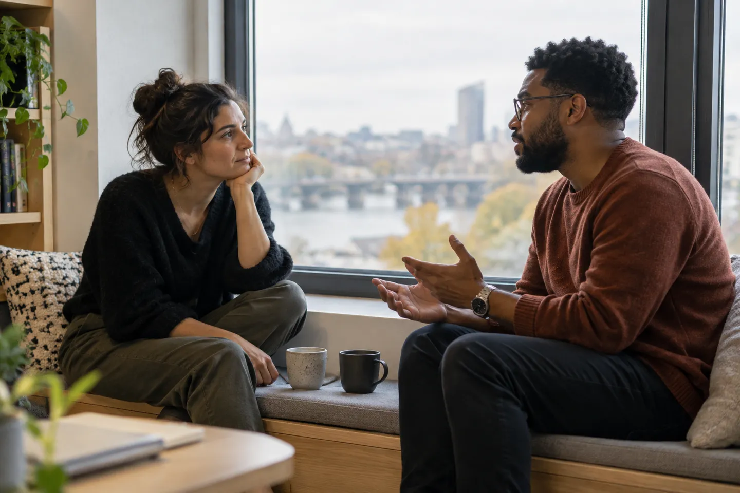 Two colleagues having a focused conversation beside an office window.