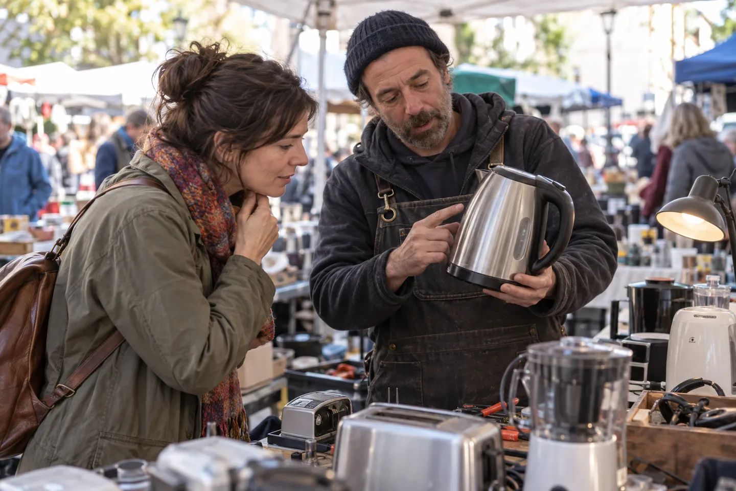 A visitor examines a repaired appliance at a neighbourhood market stall.